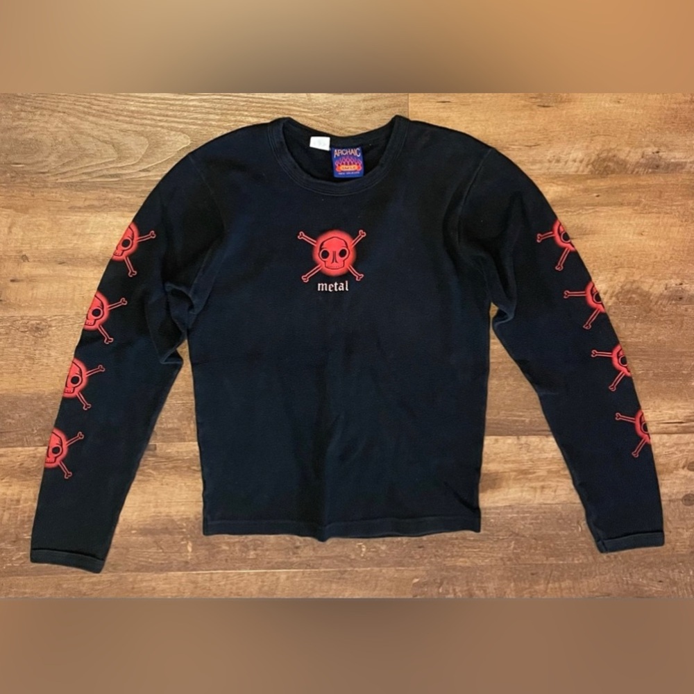 Archaic Smile vintage 90s long sleeve baby tee grunge skull bones “Metal” gorp